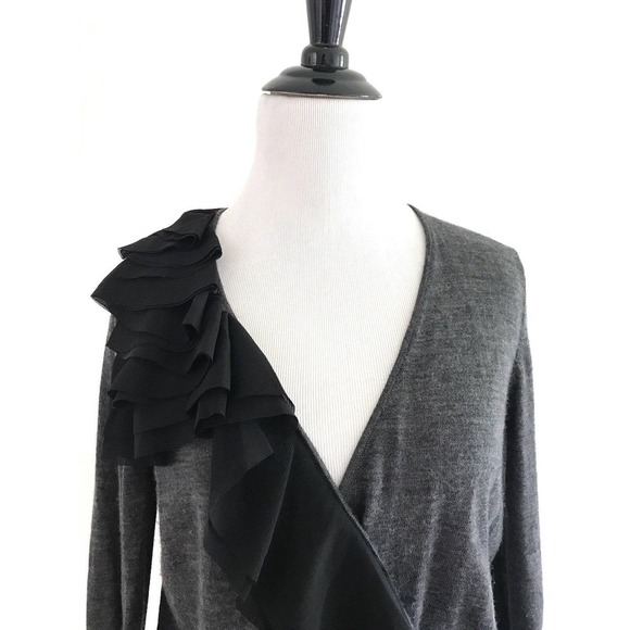 Ann Taylor Loft | Plunging Neckline Wool Sweater Women Large Ruffle Long Sleeves - Picture 5 of 7